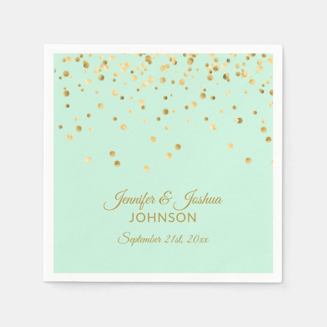 Serviette En Papier Mariage personnalisé MINT vert or Confetti (Devant)