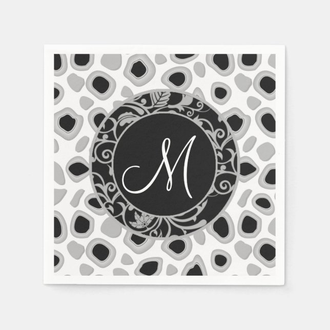 Serviette En Papier Mariage personnalisé Monogramme noir blanc gris (Devant)