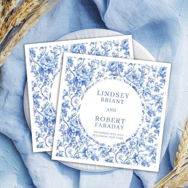 Serviette En Papier Mariage Personnalisé Toile de Jouy Roses Navy Élég (Stylish Navy Toile Roses Personalized Wedding Napkin

)