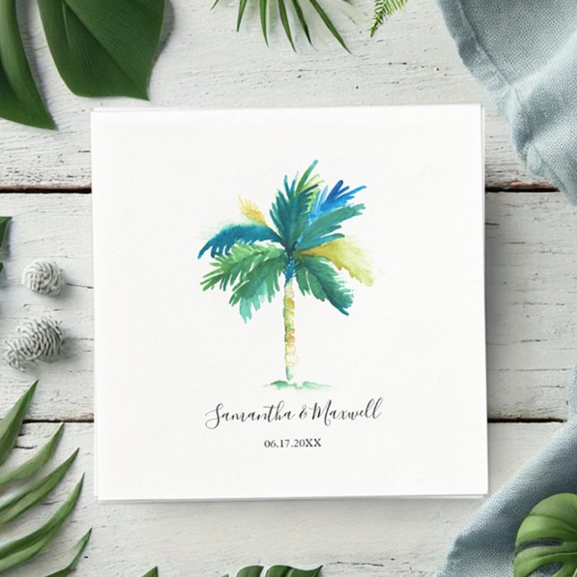 Serviette En Papier Mariage personnalisé Tropical Palm Tree (Palm tree napkin tropical watercolor art by Victoria Grigaliunas Do Tell A Belle)