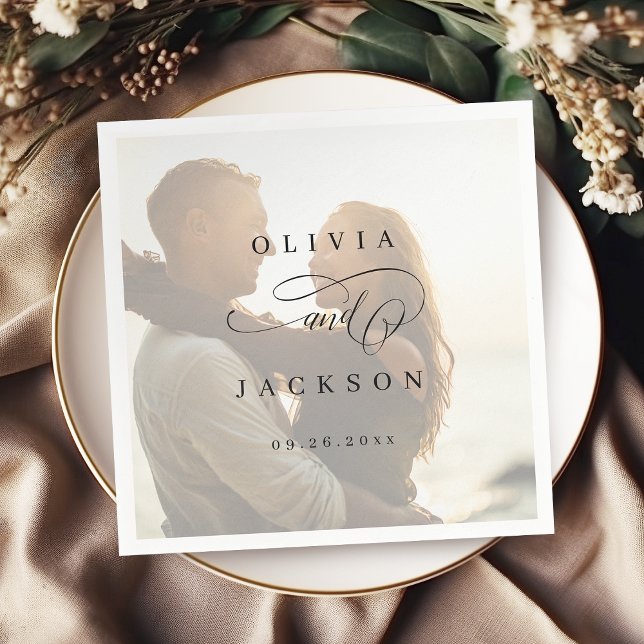 Serviette En Papier Mariage photo de script romantique simple (Simple elegant romantic script photo wedding napkins)