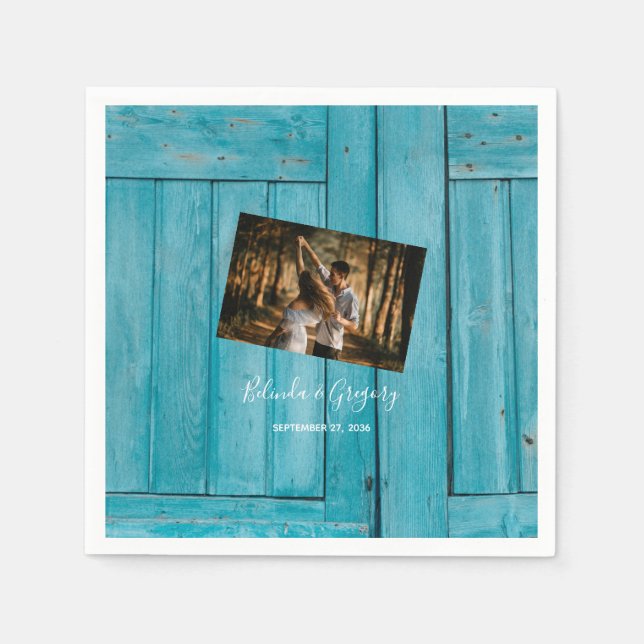 Serviette En Papier Mariage photo en bois bleu rustique   (Devant)