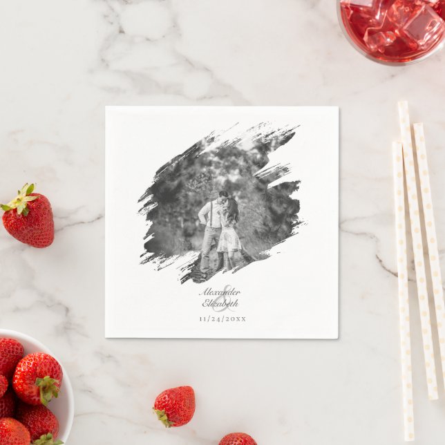 Serviette En Papier Mariage photo moderne Brushstroke | BLANCHE (En situation)