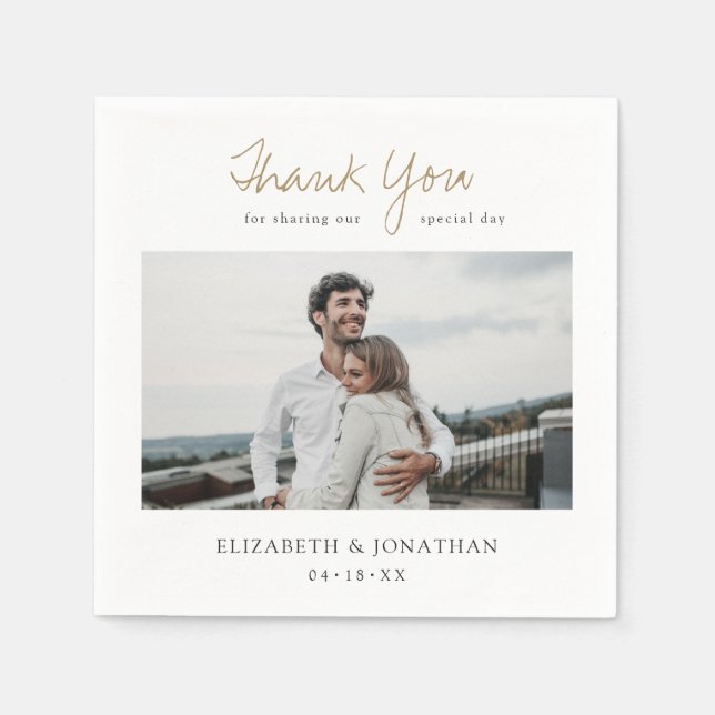 Serviette En Papier Mariage photo personnalisé Gold Script (Devant)