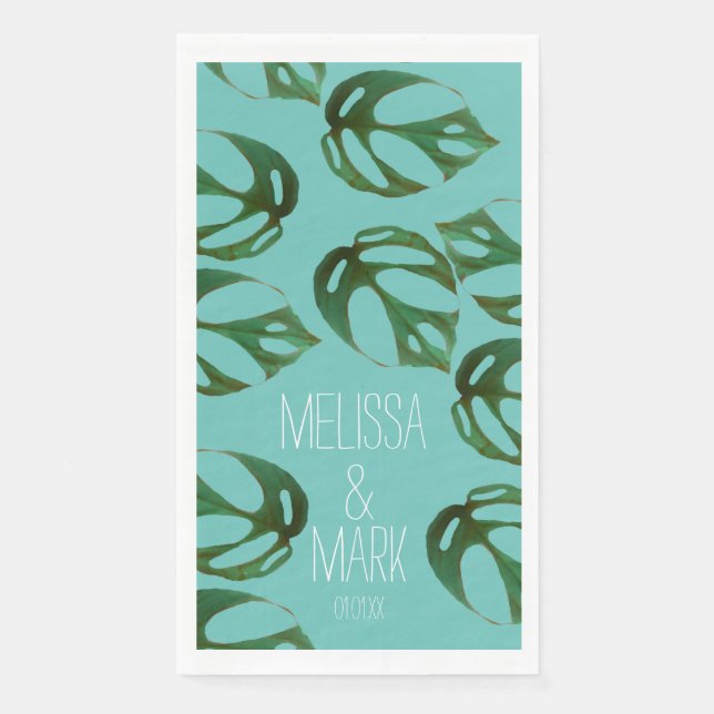 Serviette En Papier Mariage plage Monstera Nom des couples (Devant)