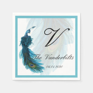 Serviette En Papier Mariage Plume Peacock bleu turquoise