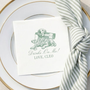 Serviette En Papier Mariage Preppy Vert Sauge Retriever Dore