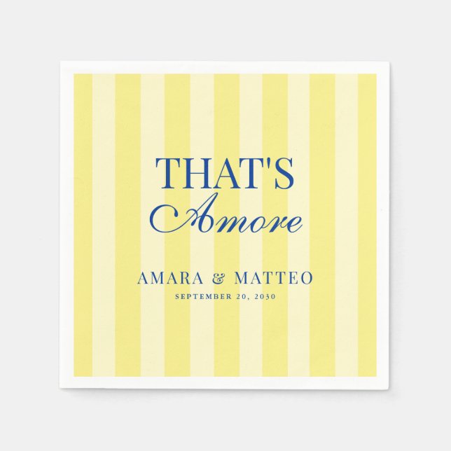 Serviette En Papier Mariage rayé bleu et jaune That's Amore (Devant)