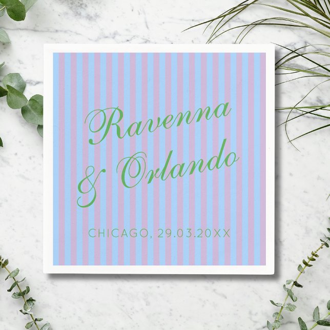 Serviette En Papier Mariage Rayure Rose Bleu Vert Citron Rétro (Créateur téléchargé)