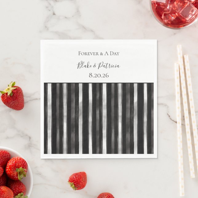 Serviette En Papier Mariage Rayures Noir Argent (En situation)