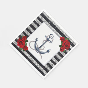 Serviette En Papier Mariage Rayures Noir Argent Ancre Nautique