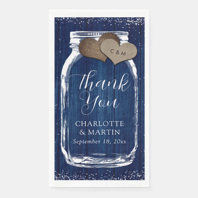 Serviette En Papier Mariage Remerciement Bois Rustique Pot Mason Bleu  (Devant)