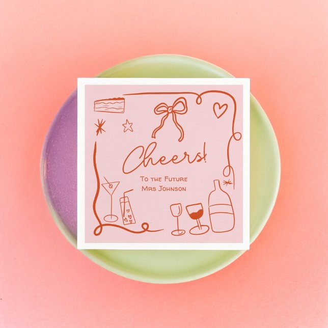 Serviette En Papier Mariage rétro rose rouge douche de mariage illustr (Retro pink red hand drawn illustrated bridal shower napkins)