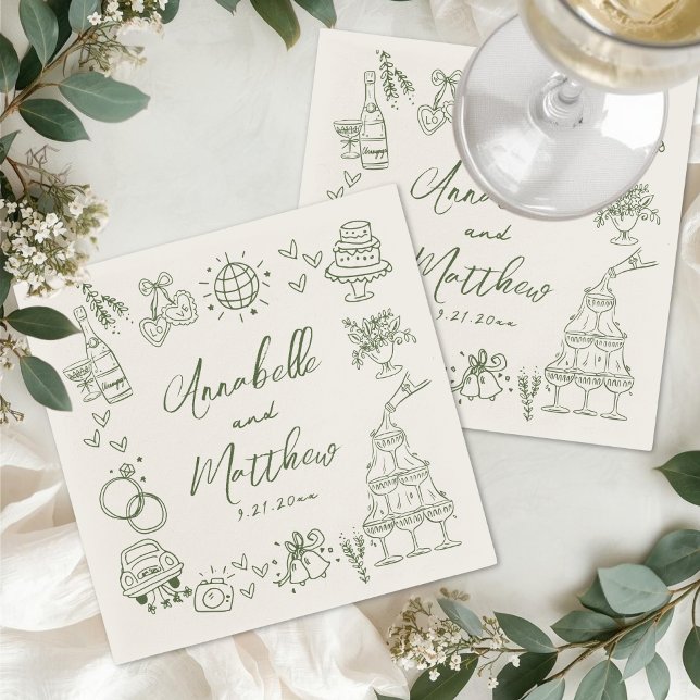Serviette En Papier Mariage Rétro Vert Dessiné à la Main (Hand Drawn Green Retro Wedding Napkins)