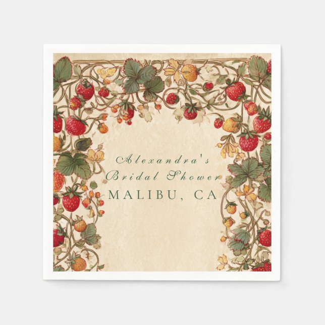 Serviette En Papier Mariage romantique aux fraises et fleurs (Devant)