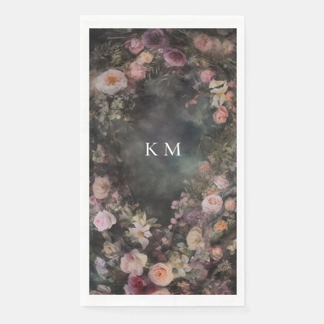 Serviette En Papier Mariage Romantique Foncé Floral Monogramme (Devant)