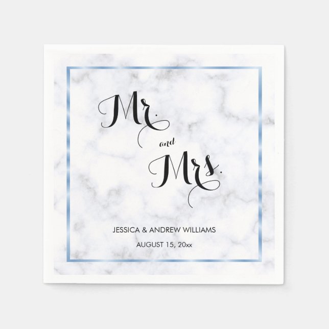 Serviette En Papier Mariage romantique sur marbre bleu (Devant)