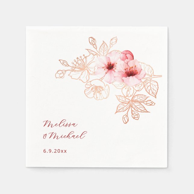 Serviette En Papier Mariage Rose Blanc Fleur de Cerisier (Devant)