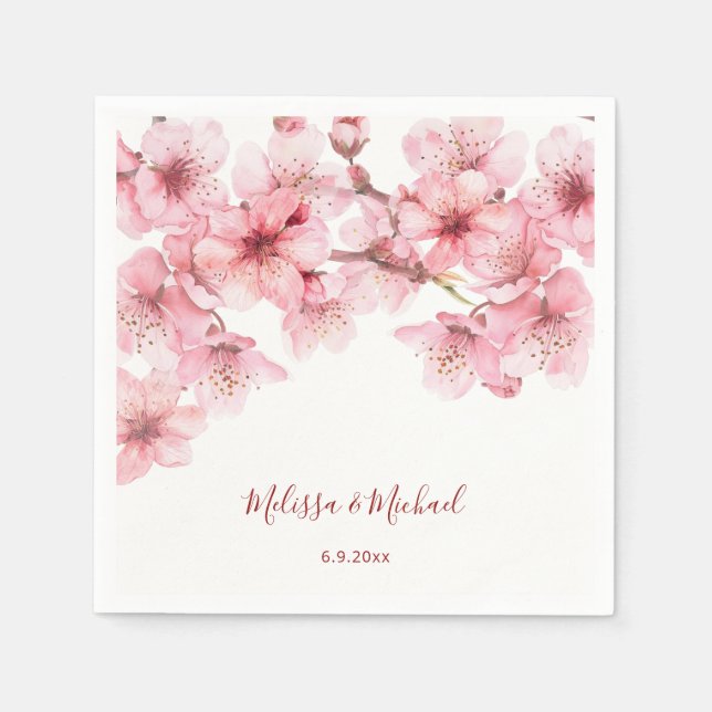 Serviette En Papier Mariage Rose Blanc Floraison de Cerisier (Devant)