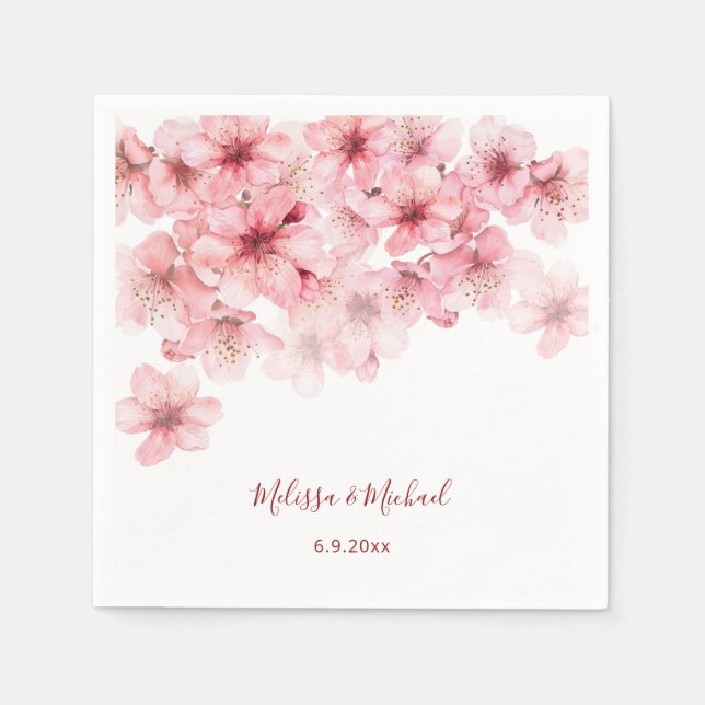 Serviette En Papier Mariage Rose Blanc Floraison de Cerisier (Devant)