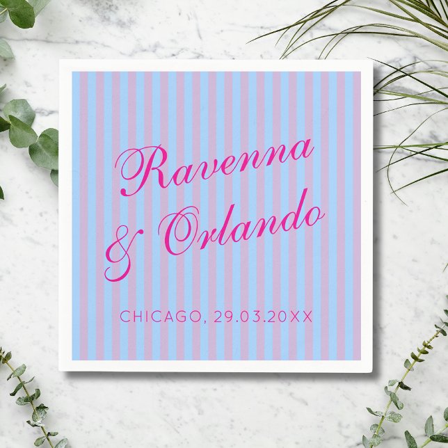 Serviette En Papier Mariage Rose Clair Rétro Bleu Rose Rayure (Créateur téléchargé)