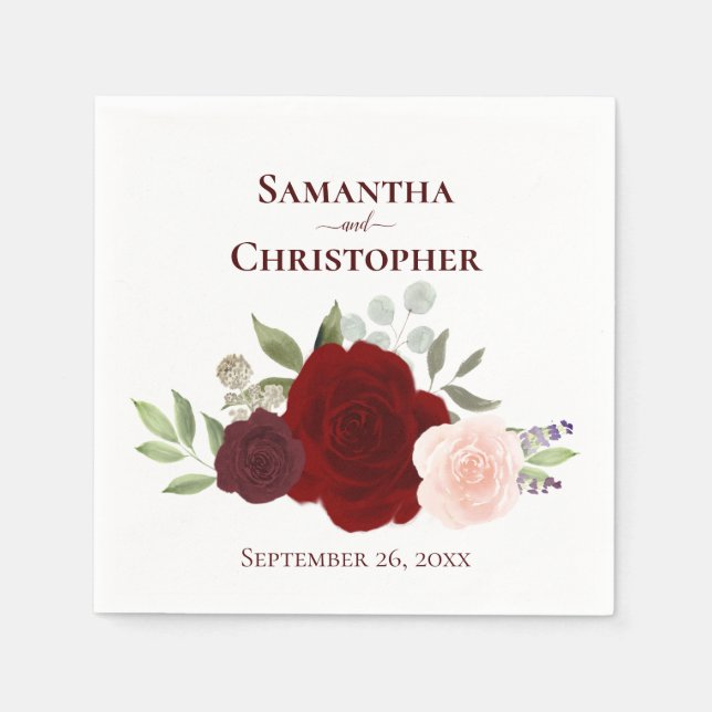 Serviette En Papier Mariage Rose de couleur rouge bordeaux et bleu (Devant)