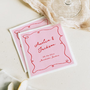 Serviette En Papier Mariage Rose et Rouge Dessiné à la Main de Manière