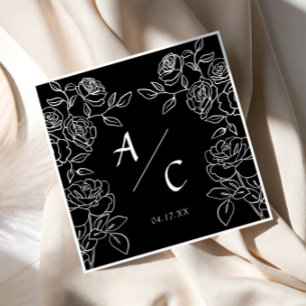 Serviette En Papier Mariage Rose Noir Blanc Couple Monogramme Floral