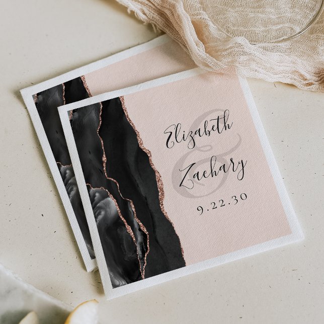 Serviette En Papier Mariage Rose Or Noir Agate Blush Rose Script  (Créateur téléchargé)