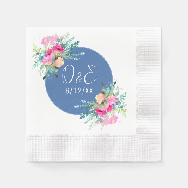 Serviette En Papier Mariage rose rose rose floral bleu Personnalisé (Devant)