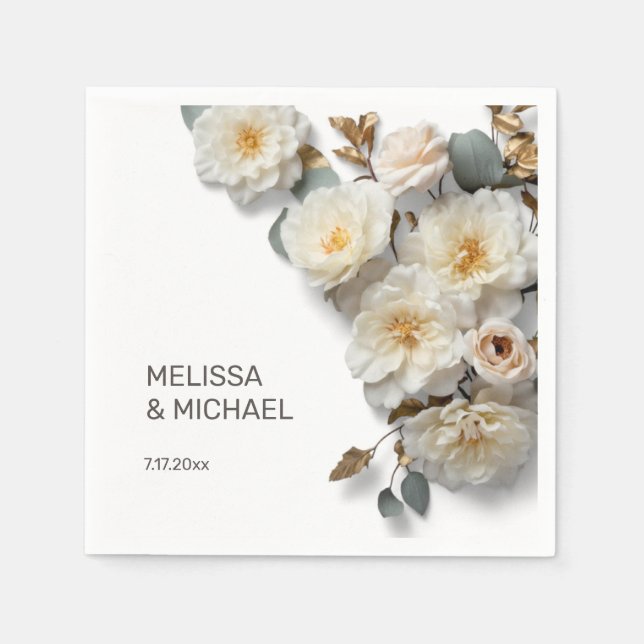 Serviette En Papier Mariage Roses 3D Blanc Ivoire (Devant)