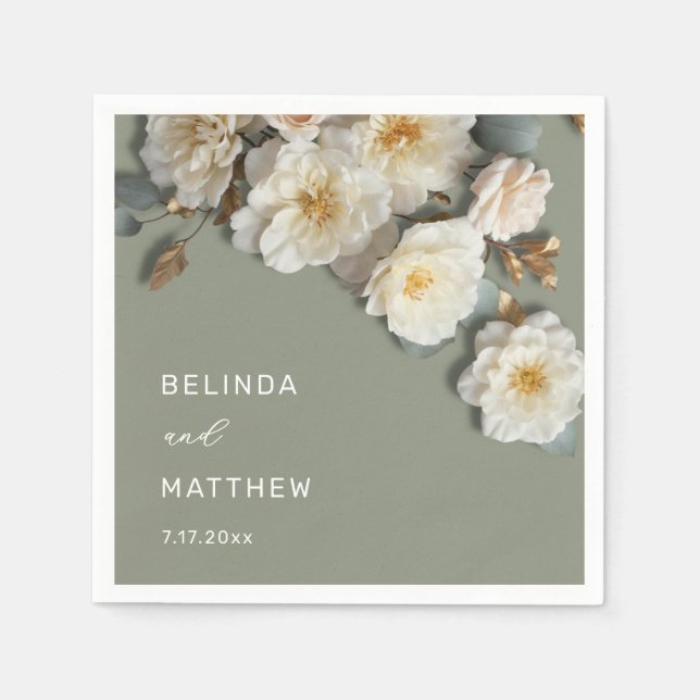 Serviette En Papier Mariage Roses 3D Blanc Ivoire (Devant)