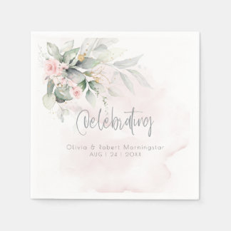 Serviette En Papier Mariage | Roses roses blanches et éucalyptus pâles