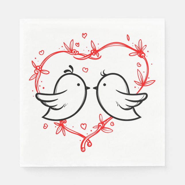 Serviette En Papier Mariage rouge Lovebirds noir et Fête des mariées d (Devant)