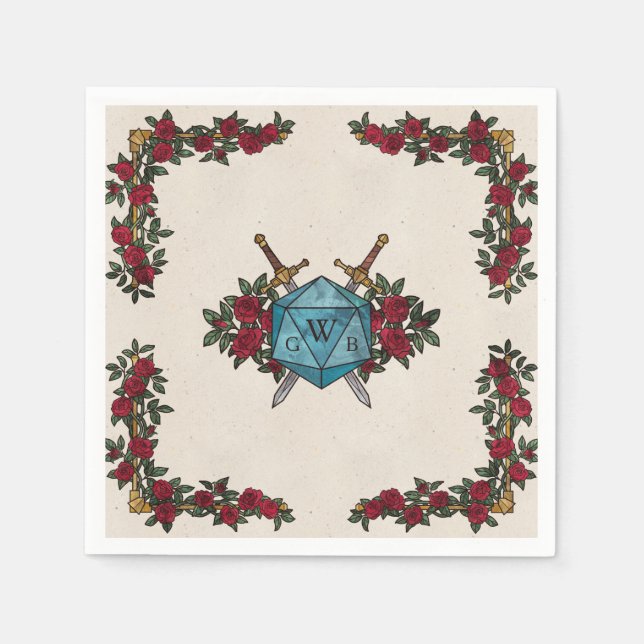 Serviette En Papier Mariage RPG Roses Monogramme D20  (Devant)