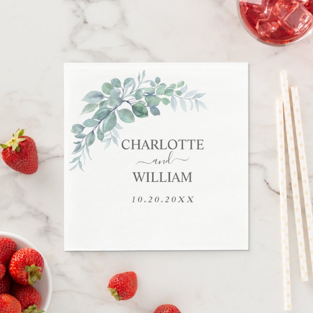 Serviette En Papier Mariage Rustique Aquarelle Eucalyptus Verdure (En situation)