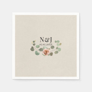 Serviette En Papier Mariage rustique au cœur de rose rose et d'eucalyp