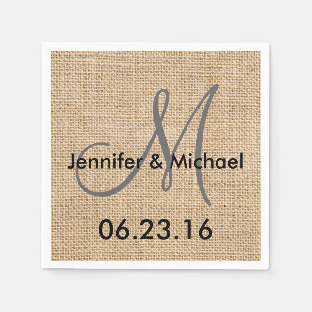 Serviette En Papier Mariage Rustique Burlap Nom du monogramme Date (Devant)