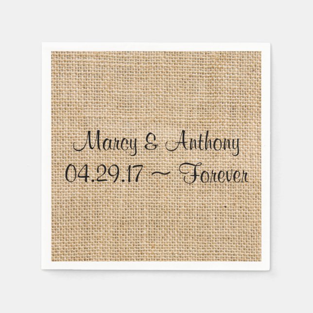 Serviette En Papier Mariage rustique Burlap Noms personnalisés Date (Devant)