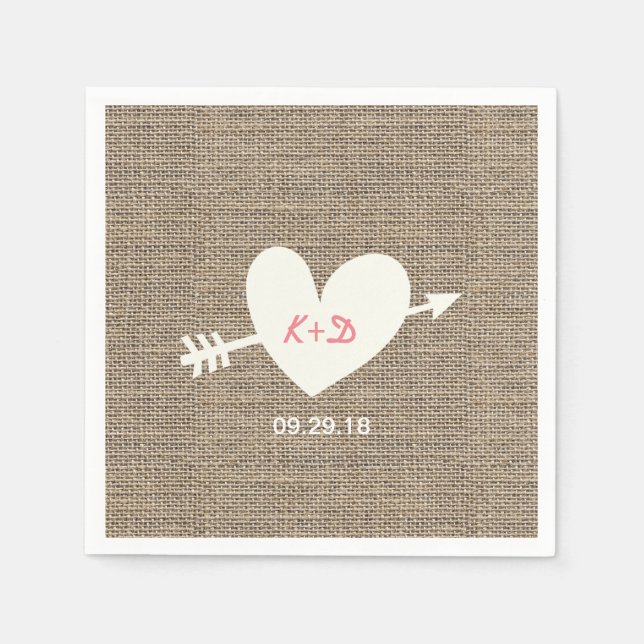 Serviette En Papier Mariage rustique Coeur & Flèche Élégant Burlap (Devant)