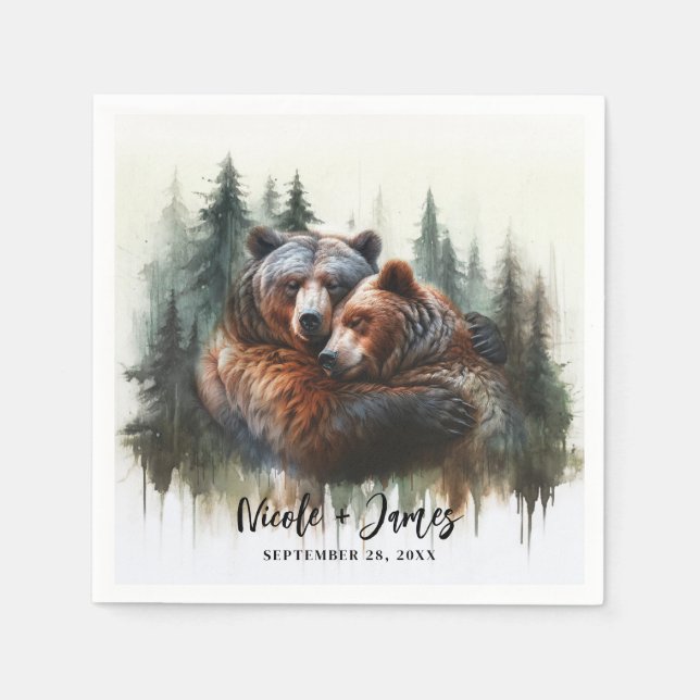 Serviette En Papier Mariage rustique dans la nature avec des ours à l' (Devant)