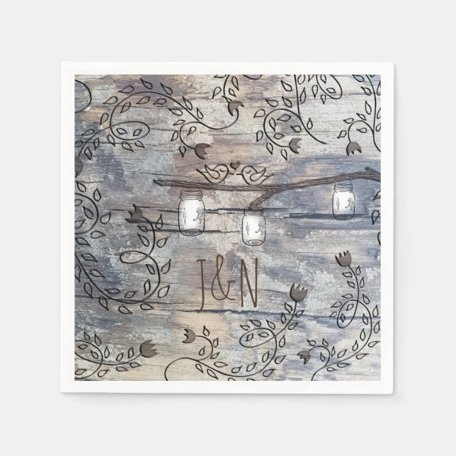 Serviette En Papier Mariage Rustique de Branche avec Pots Mason et Ois (Devant)