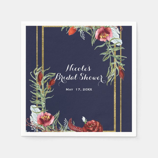 Serviette En Papier Mariage Rustique de Marsala Floral Bleu Nuit Or (Devant)