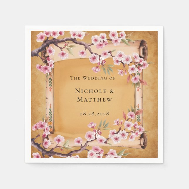 Serviette En Papier Mariage Rustique Floral Scroll Cherry Blossom (Devant)