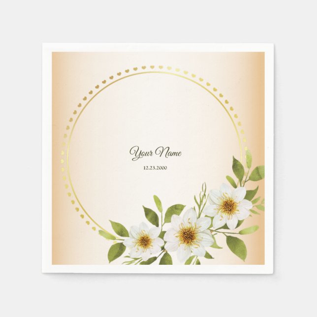 Serviette En Papier Mariage Rustique Géométrique Doré Blanc Floral Pêc (Devant)