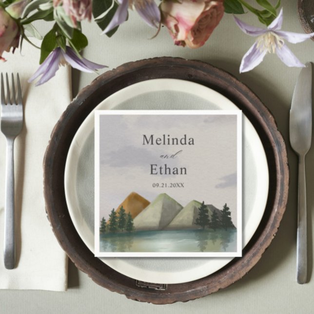 Serviette En Papier Mariage Rustique Mountain & Lake Evergreen (Créateur téléchargé)
