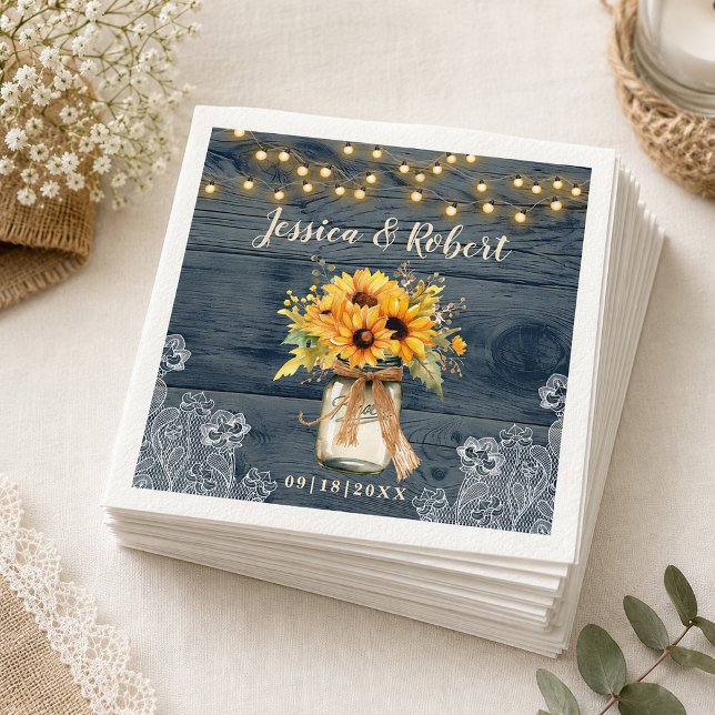 Serviette En Papier Mariage Rustique Navy Tournesol Pot en Grès (Rustic Navy Sunflower Mason Jar Wedding)