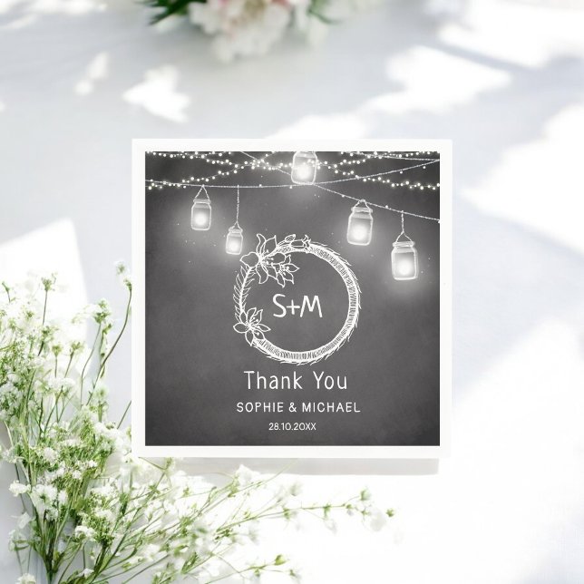 Serviette En Papier Mariage rustique Noir Blanc Mason Jar (Créateur téléchargé)