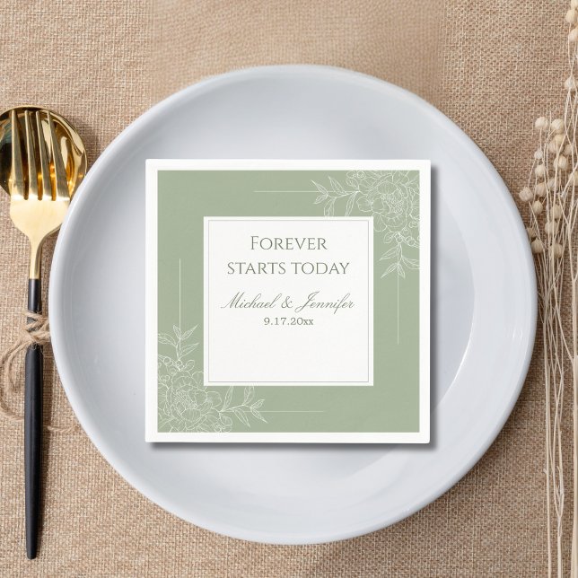 Serviette En Papier Mariage Rustique Sage Vert et Moderne Blanc (Créateur téléchargé)
