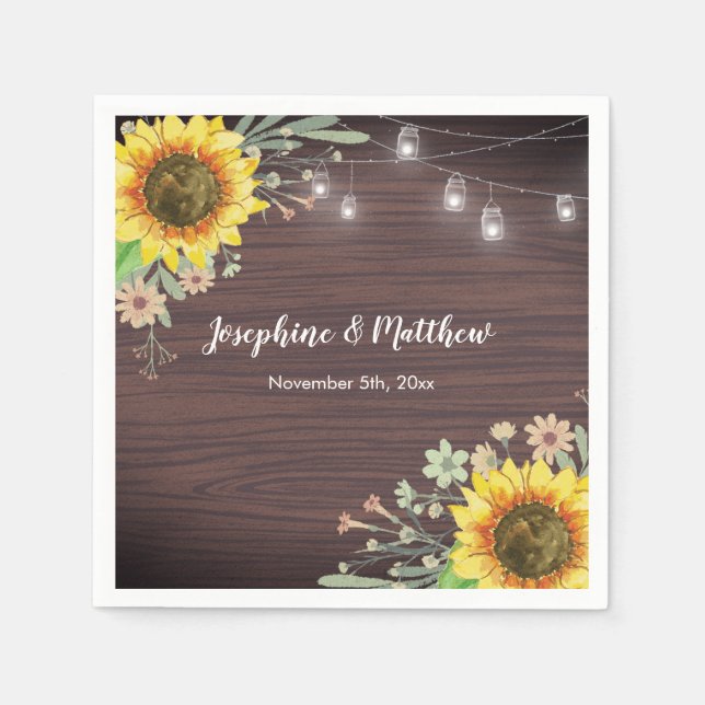 Serviette En Papier Mariage rustique Tournesol Bois Lumière (Devant)